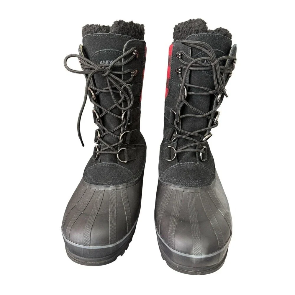 Lands’ End Duck Boots Mens 9 Black Plaid Insulated Snow Winter Lace Up